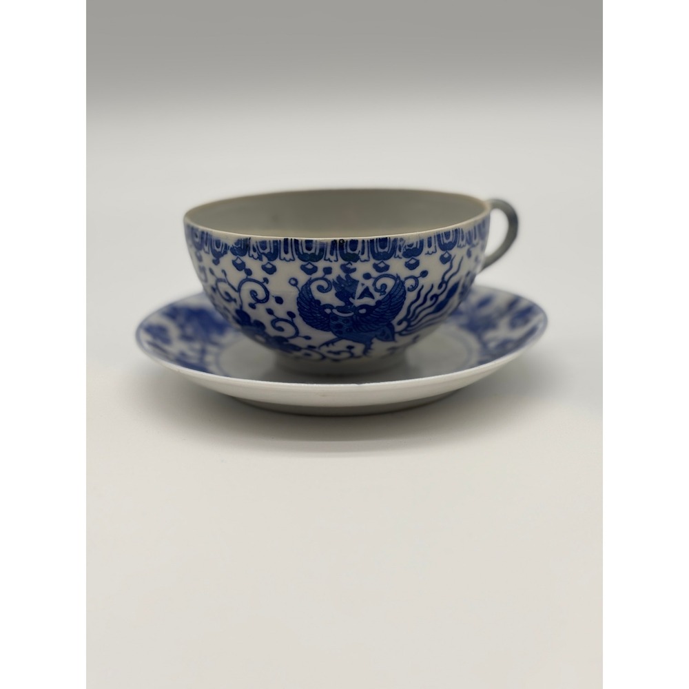 Vintage Blue White‎ Floral Phoenix Bird Teacup and Saucer Set Delicate Porcelain